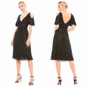 MAC DUGGAL Pearl Embellished Drop Shoulder Dress NEW Size 10 Black